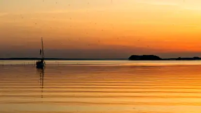 Zachód słońca nad jeziorem Dargin z komarami w planie