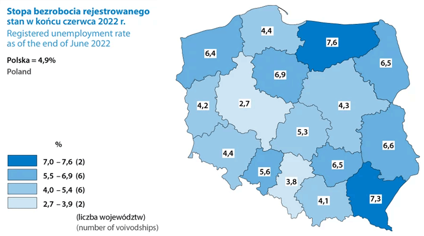 Stopa bezrobocia rejestrowanego, stan na koniec czerwca 2022